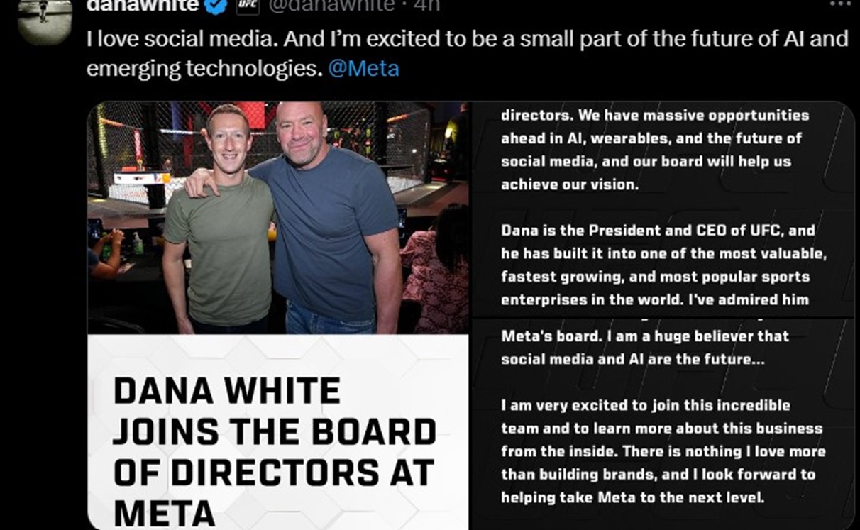 Dana White Joins Meta Board Teams Up With Zuckerberg And Others As Dawn Of New Era In Sports, Media And Ai Begins 1 Dana White Joins Meta Board Teams Up With Zuckerberg And Others As Dawn Of New Era In Sports, Media And Ai Begins
